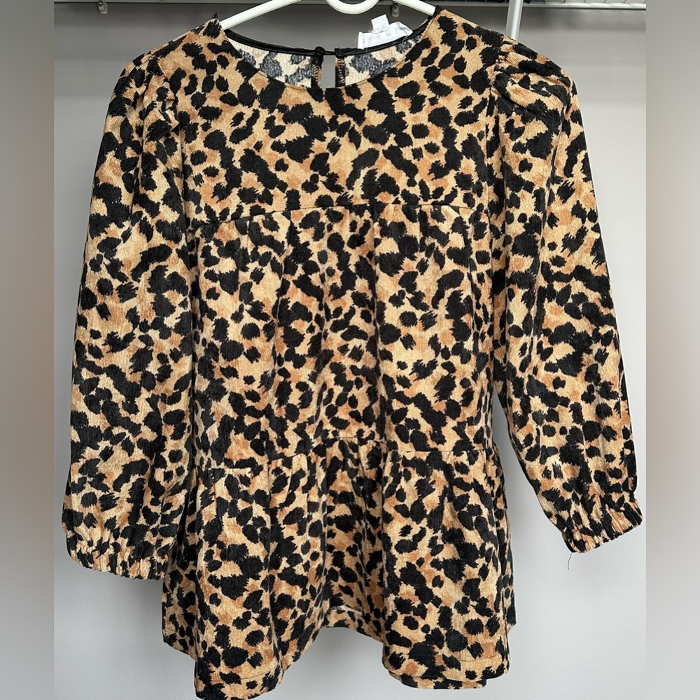 THML size SMALL, brown with black leopard spots, 3/4 length sleeved ruffled top
